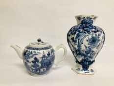 A BLUE AND WHITE ORIENTAL TEAPOT DECORATED WITH PAGODAS HEIGHT 14CM. ALONG WITH A C18TH.