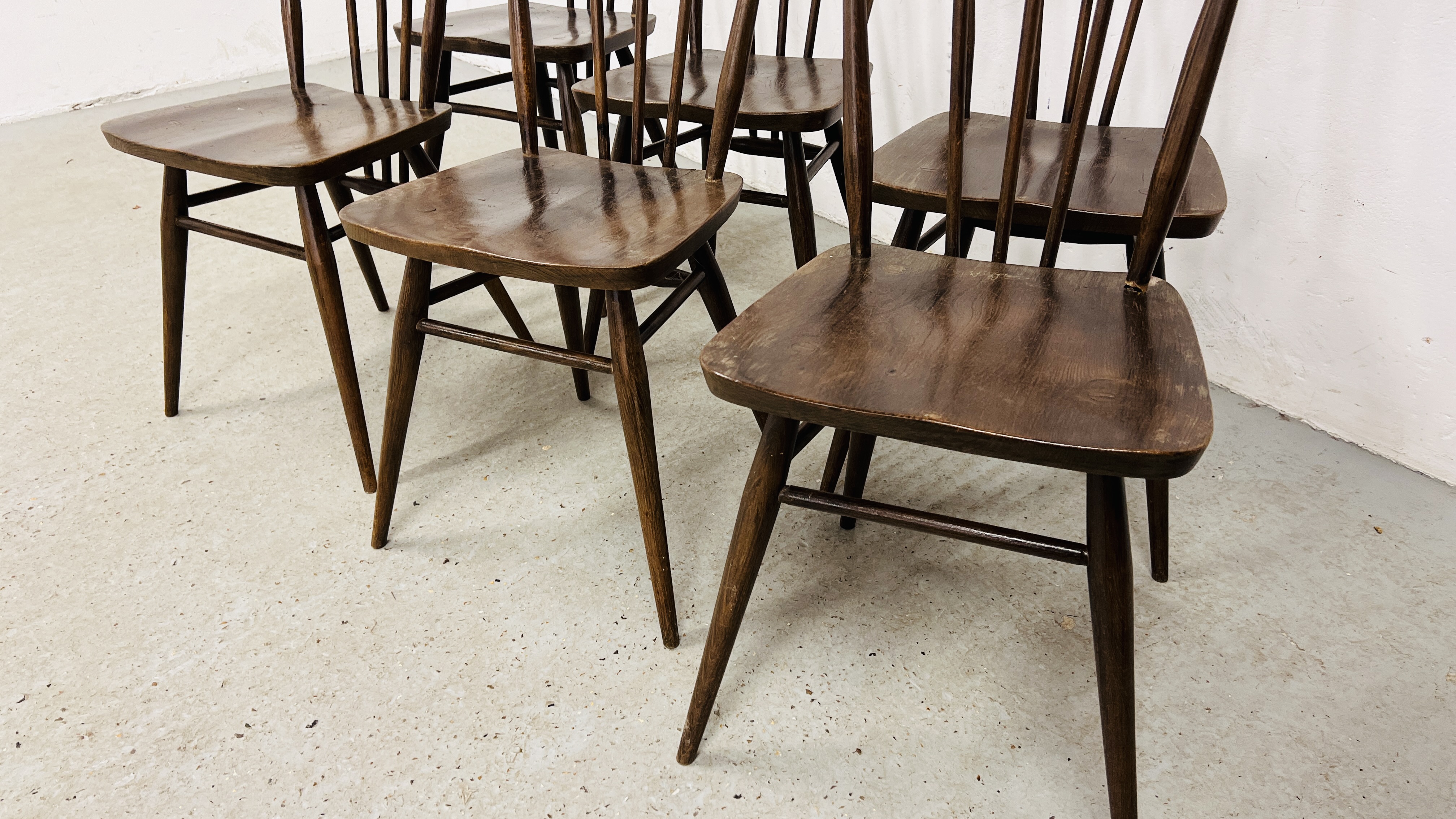 A SET OF SIX DARK ERCOL STICK BACK DINING CHAIRS, 1 A/F. - Image 9 of 17