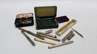 A COLLECTION OF VINTAGE WRITING ACCESSORIES AND EQUIPMENT TO INCLUDE A TIN OF ASSORTED NIBS,
