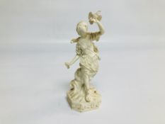 A DERBY BISQUE FIGURE OF A GIRL WITH DOVE (LOSSES) (HEAD RE-GLUED).