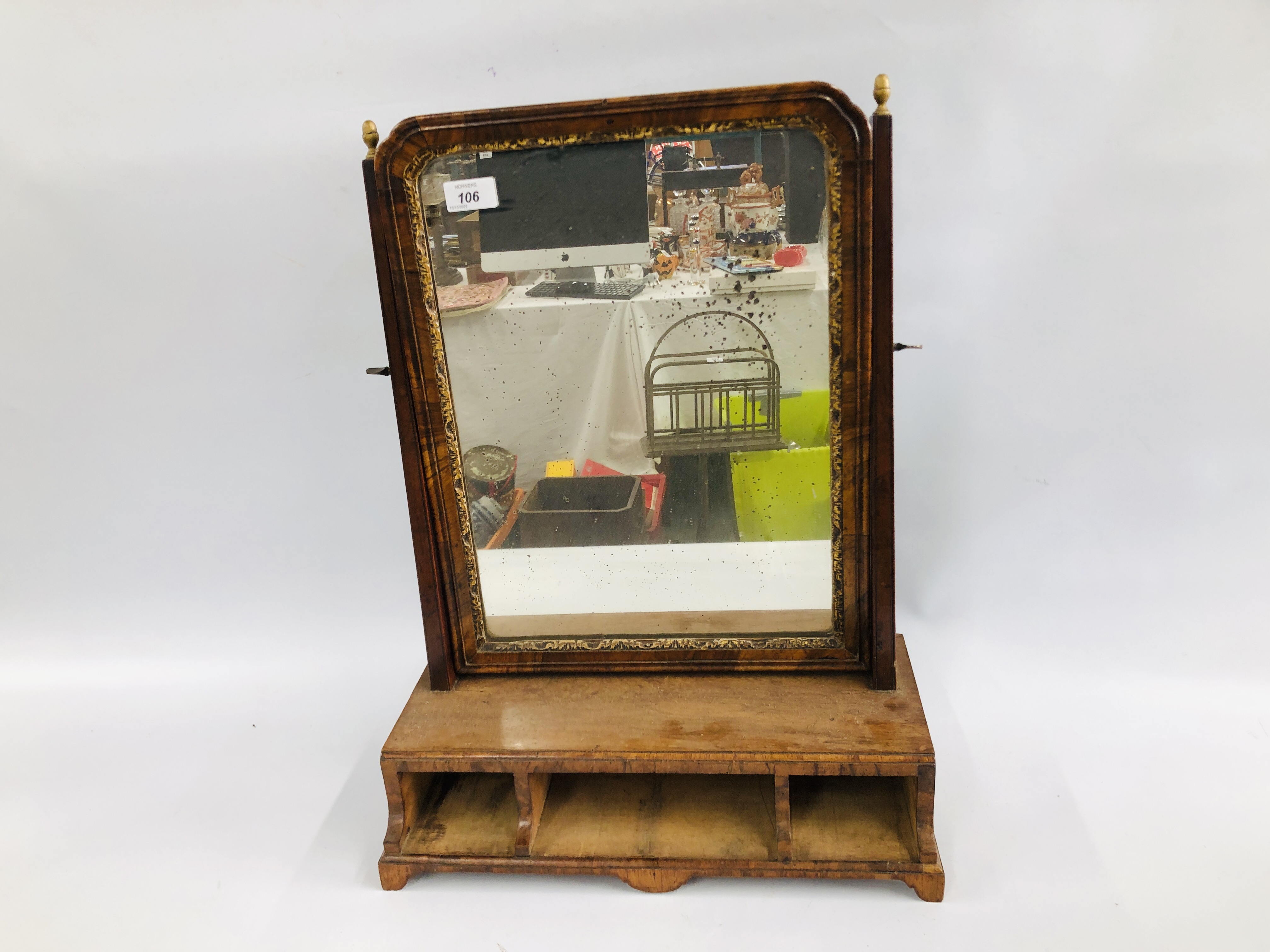 A GEORGE II WALNUT TOILET MIRROR, LACKING DRAWERS, HEIGHT 59CM.