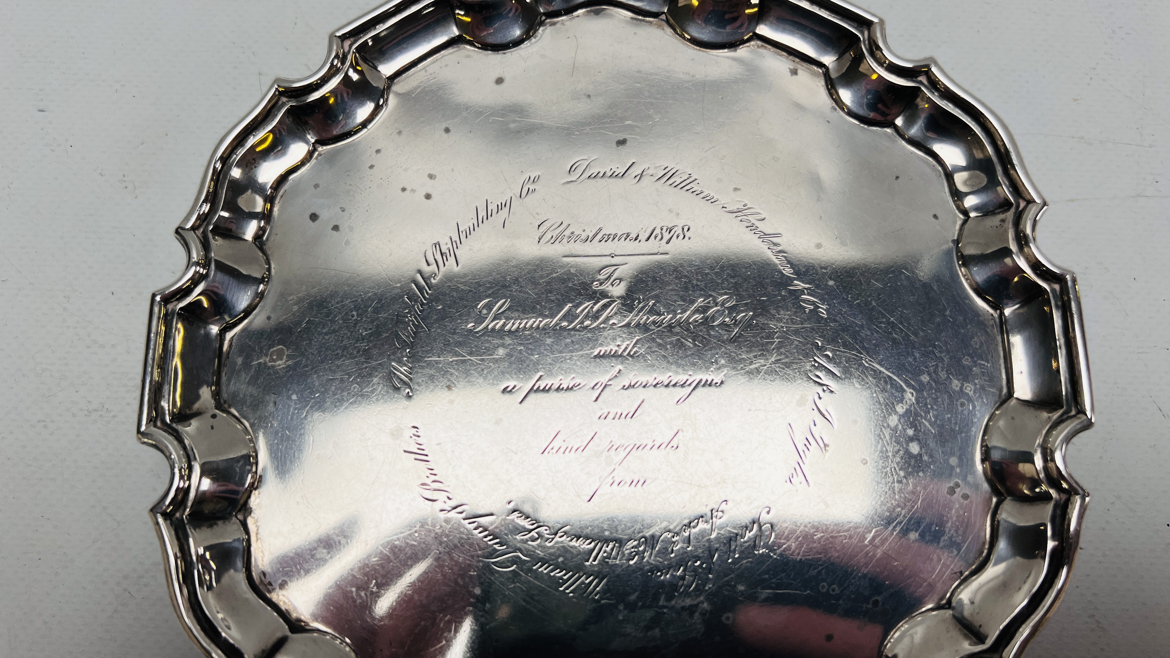 AN ANTIQUE SILVER SALVER GIFTED TO SAMUEL JAMES POPE THEARLE CHRISTMAS 1898, INSCRIBED. - Image 2 of 10
