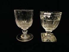 A LATE GEORGIAN CUT GLASS RUMMER ON SQUARE BASE ALONG WITH A C19TH.