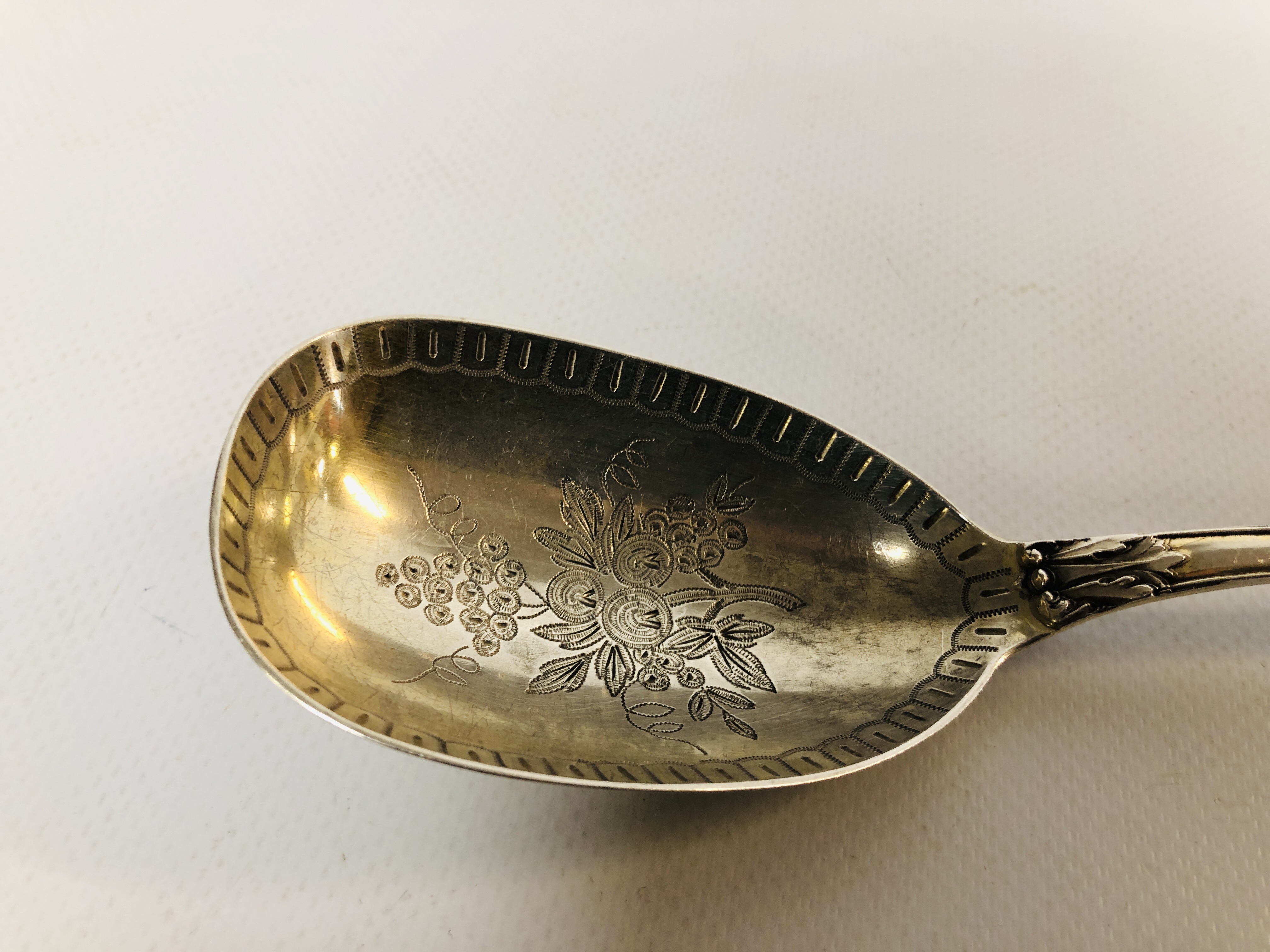 A VICTORIAN SILVER SERVING SPOON DECORATED WITH CLASSICAL FIGURES AND MYTHICAL CREATURES, - Image 4 of 9