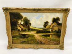 ORNATELY FRAMED OIL ON CANVAS "CROSSROADS WITH COTTAGES AND RIVER", NO VISIBLE SIGNATURE 48.