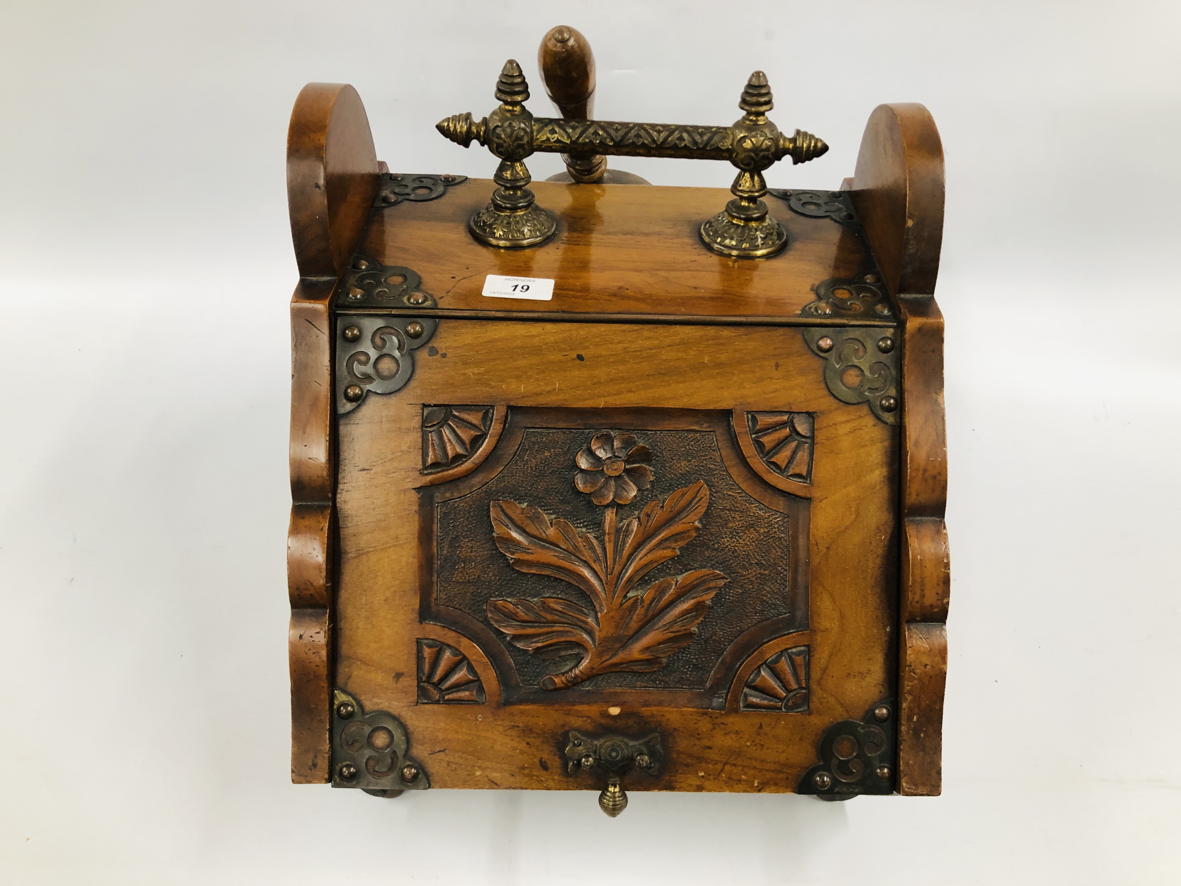 A WALNUT COAL BOX WITH CARVED PANEL DETAILING, - Image 2 of 7