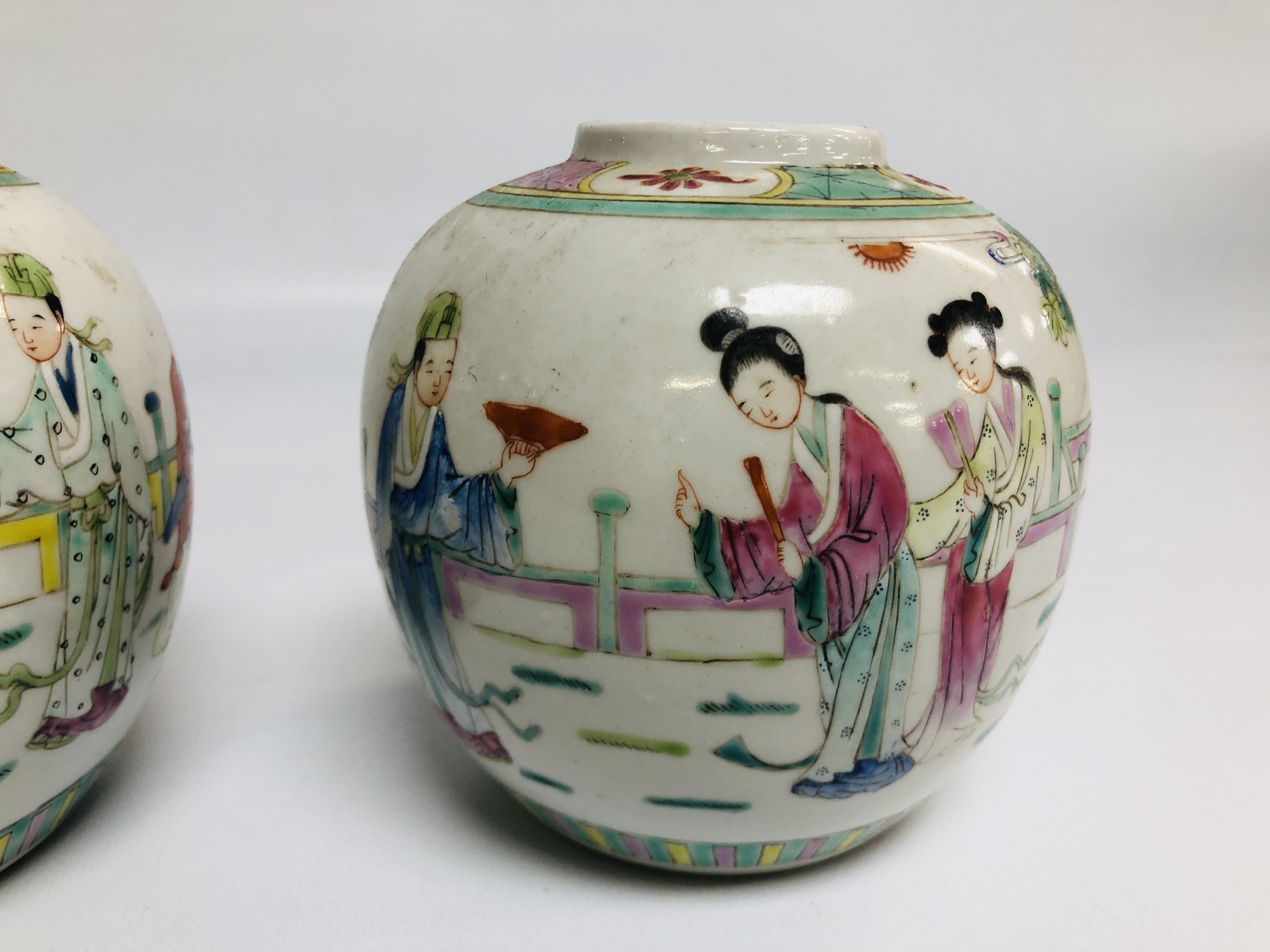 A PAIR OF C19th CHINESE POLYCHROME GINGER JARS, HEIGHT 12.5CM. - Image 3 of 7