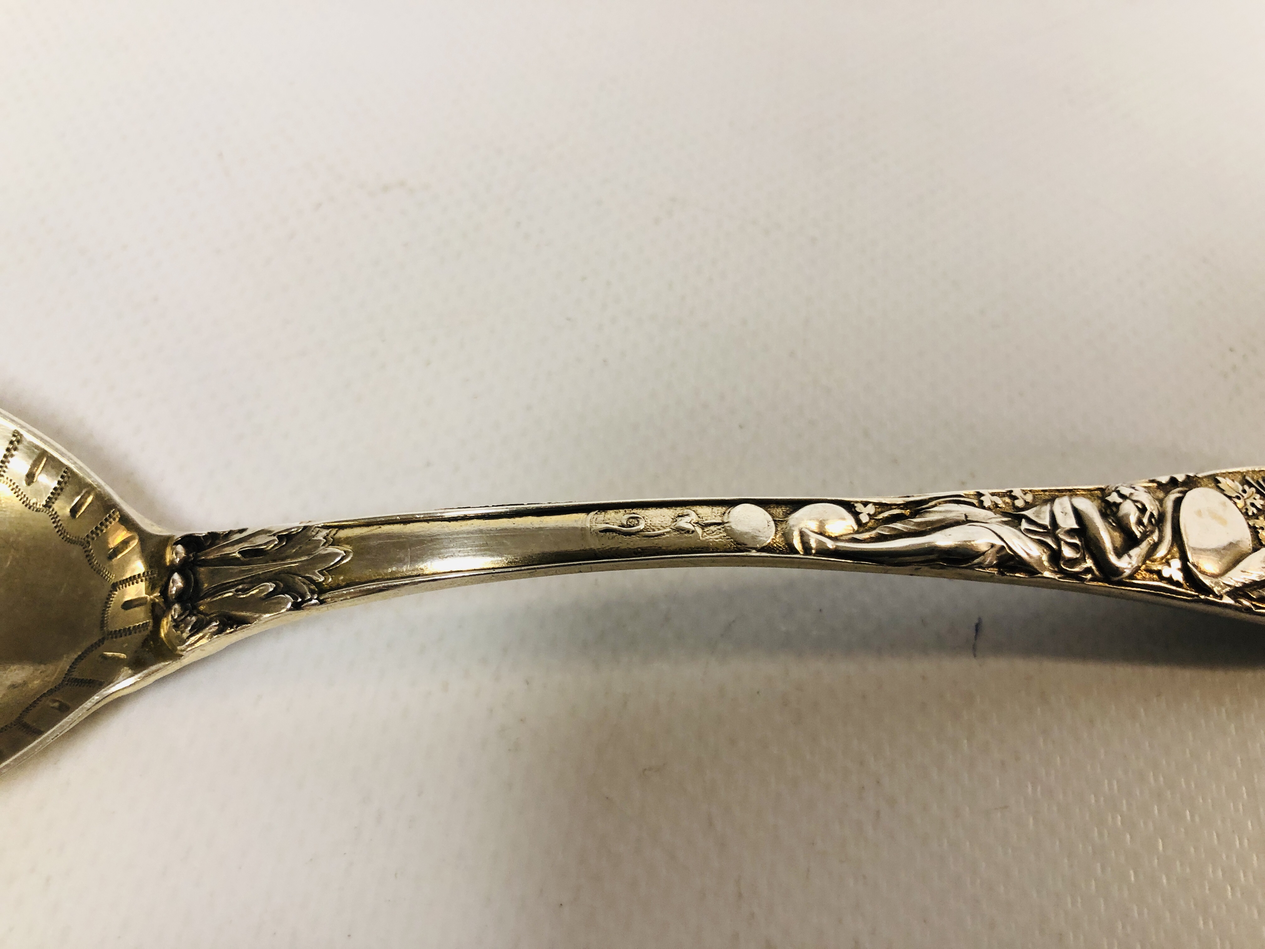A VICTORIAN SILVER SERVING SPOON DECORATED WITH CLASSICAL FIGURES AND MYTHICAL CREATURES, - Image 3 of 9