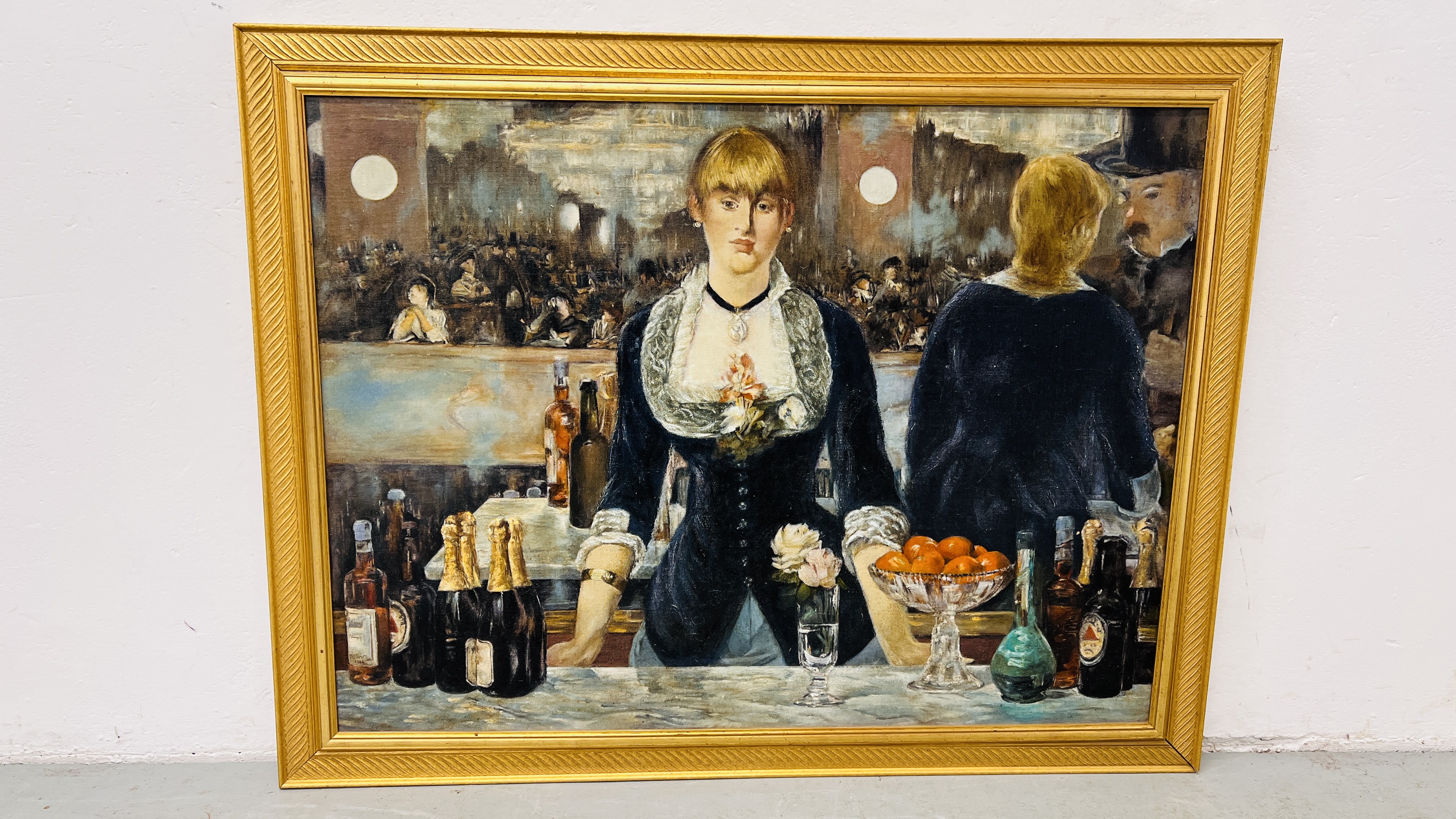 OIL ON BOARD "THE BAR MAID" GILT FRAMED, NO VISIBLE SIGNATURE 77 X 103.5CM.