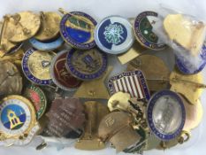 BOX WITH LARGE COLLECTION BADGES, ENAMEL AND OTHERS, BOWLING, CHARITY ETC.