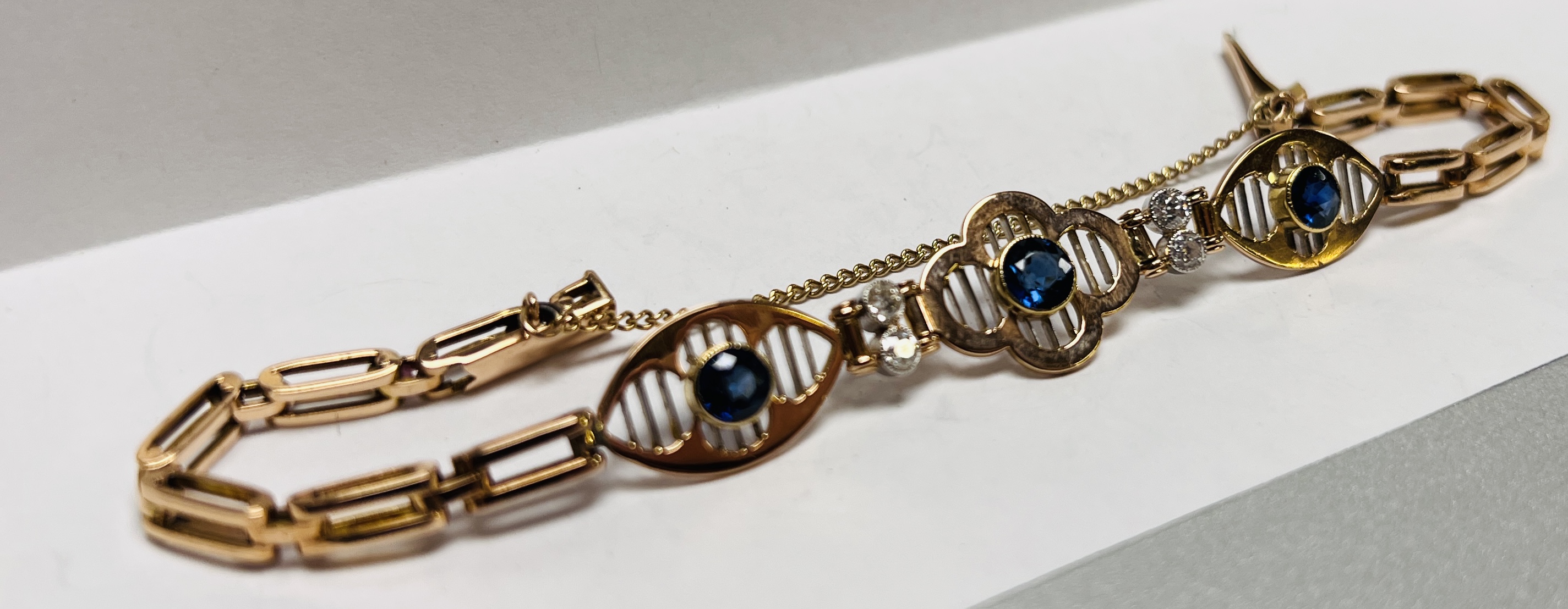 A VINTAGE DIAMOND AND SAPPHIRE BRACELET AND SAFETY CHAIN, - Image 5 of 8