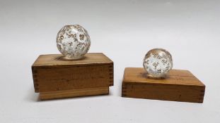 TWO VINTAGE 30 SIDED GLASS TEETOTUM OR CZECH FORTUNE TELLING/DICE IN WOODEN BOX