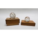 TWO VINTAGE 30 SIDED GLASS TEETOTUM OR CZECH FORTUNE TELLING/DICE IN WOODEN BOX
