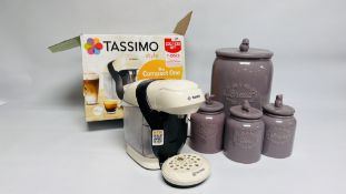 BOXED BOSCH TASSIMO STYLE COMPACT COFFEE MACHINE ALONG WITH NEXT GLAZED COFFEE, TEA,