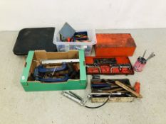 THREE BOXES OF TOOLS TO INCLUDE RECORD, G-CLAMPS, CHAIN, BRACKETS, SPANNERS, SOCKETS,