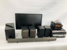 A SONY SOUND BAR AND BASS SPEAKERS (ALL FOR ONE REMOTE), A ZENNOX HI-FI,