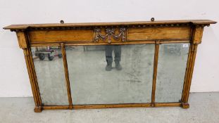 A REGENCY PINE THREE PLATE OVERMANTLE MIRROR, WIDTH 135CM.