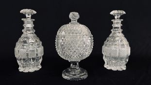 A PAIR OF EARLY C19th DECANTERS WITH A HOBNAIL BAND RETAINING MUSHROOM STOPPERS A/F ALONG WITH A