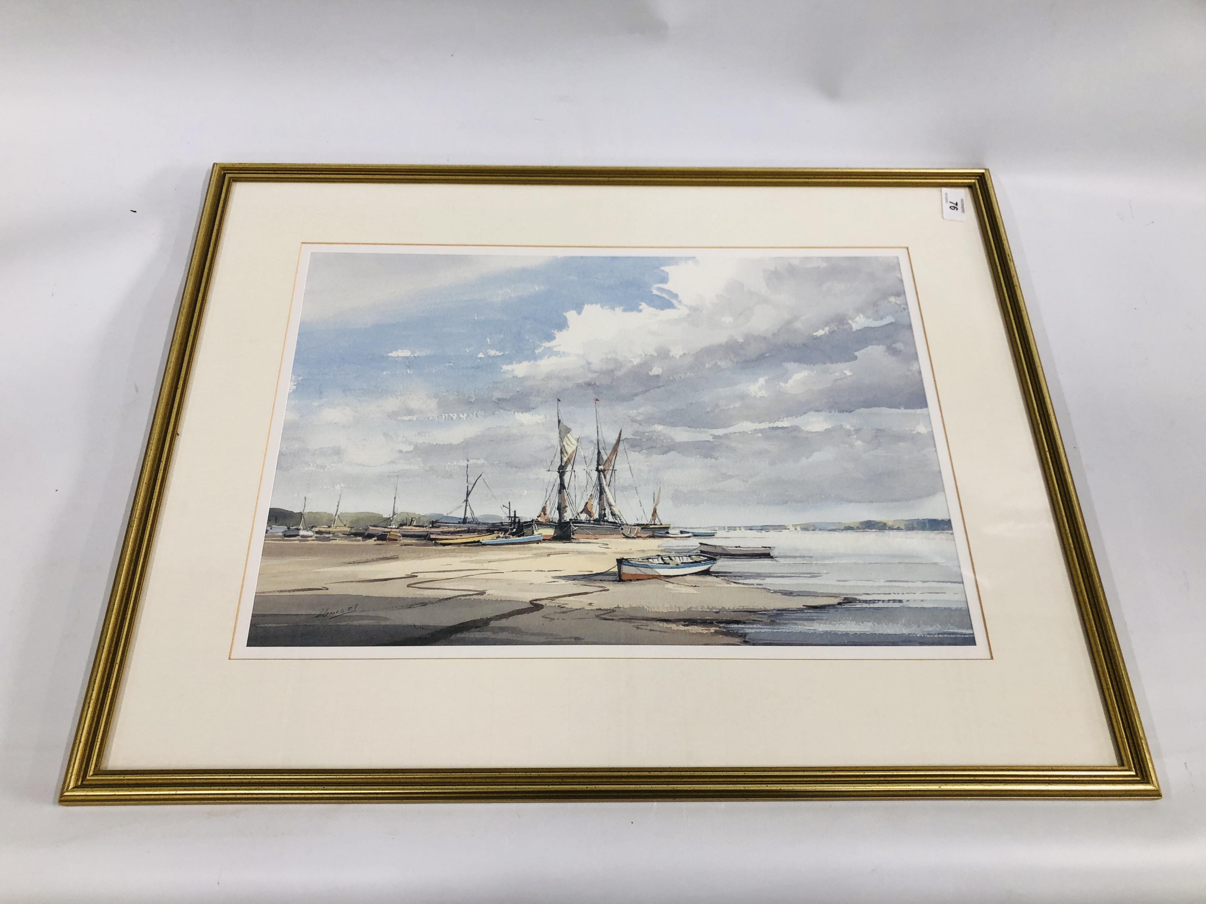 GRAHAM HOWLETT WATERCOLOUR, SUFFOLK ESTUARY WITH BEACHED BOATS, W 53CM X H 36.5CM.