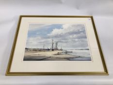 GRAHAM HOWLETT WATERCOLOUR, SUFFOLK ESTUARY WITH BEACHED BOATS, W 53CM X H 36.5CM.