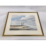 GRAHAM HOWLETT WATERCOLOUR, SUFFOLK ESTUARY WITH BEACHED BOATS, W 53CM X H 36.5CM.