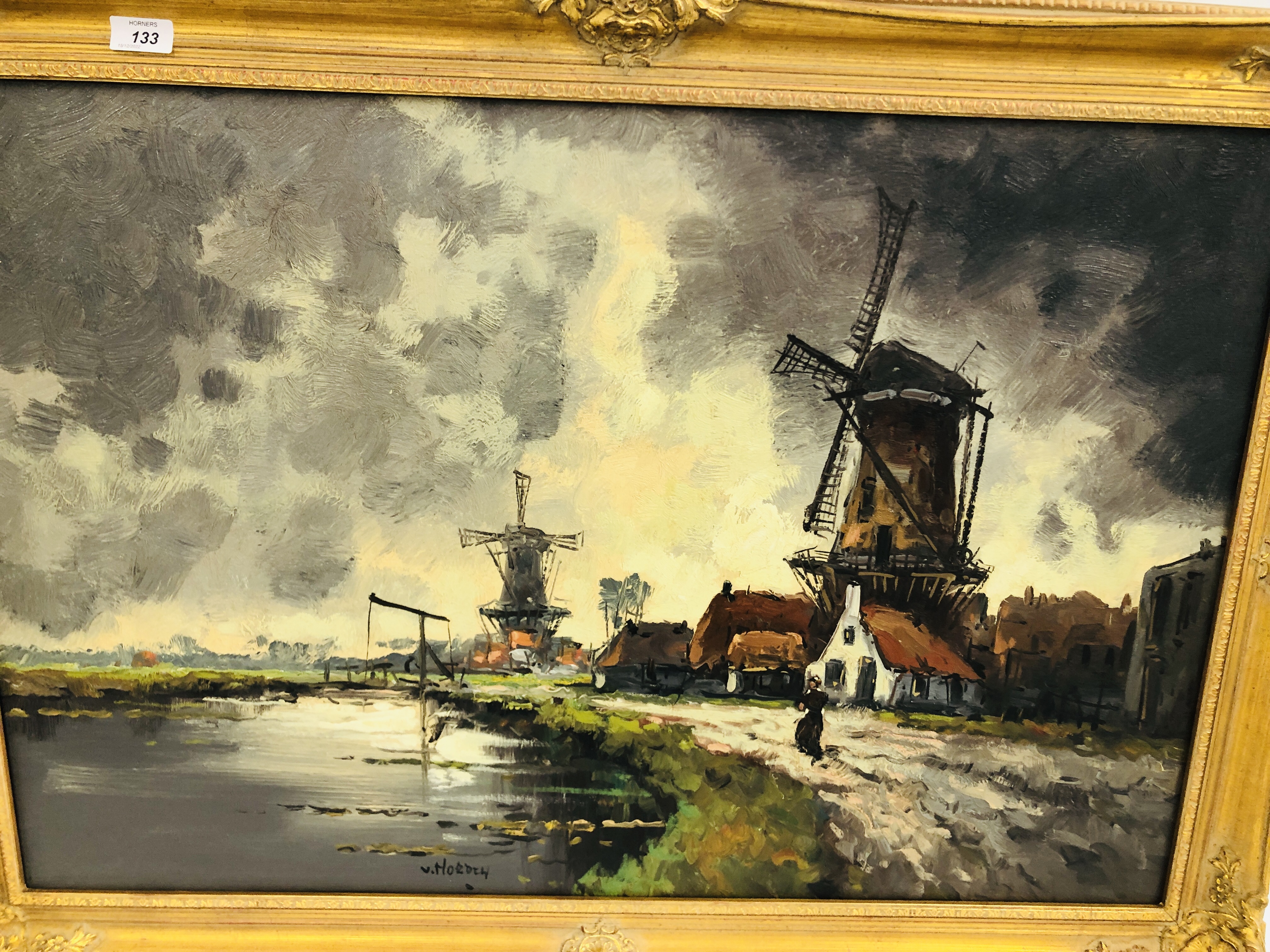 V. HORDEN (C20th NETHERLANDISH) RURAL SCENE WITH TWO WINDMILLS, OIL ON CANVAS, 60 X 90CM. - Image 2 of 4