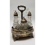 AN IMPRESSIVE SILVER EIGHT BOTTLE CRUET, THREE OF WHICH HAVE SILVER TOPS,