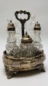 AN IMPRESSIVE SILVER EIGHT BOTTLE CRUET, THREE OF WHICH HAVE SILVER TOPS,