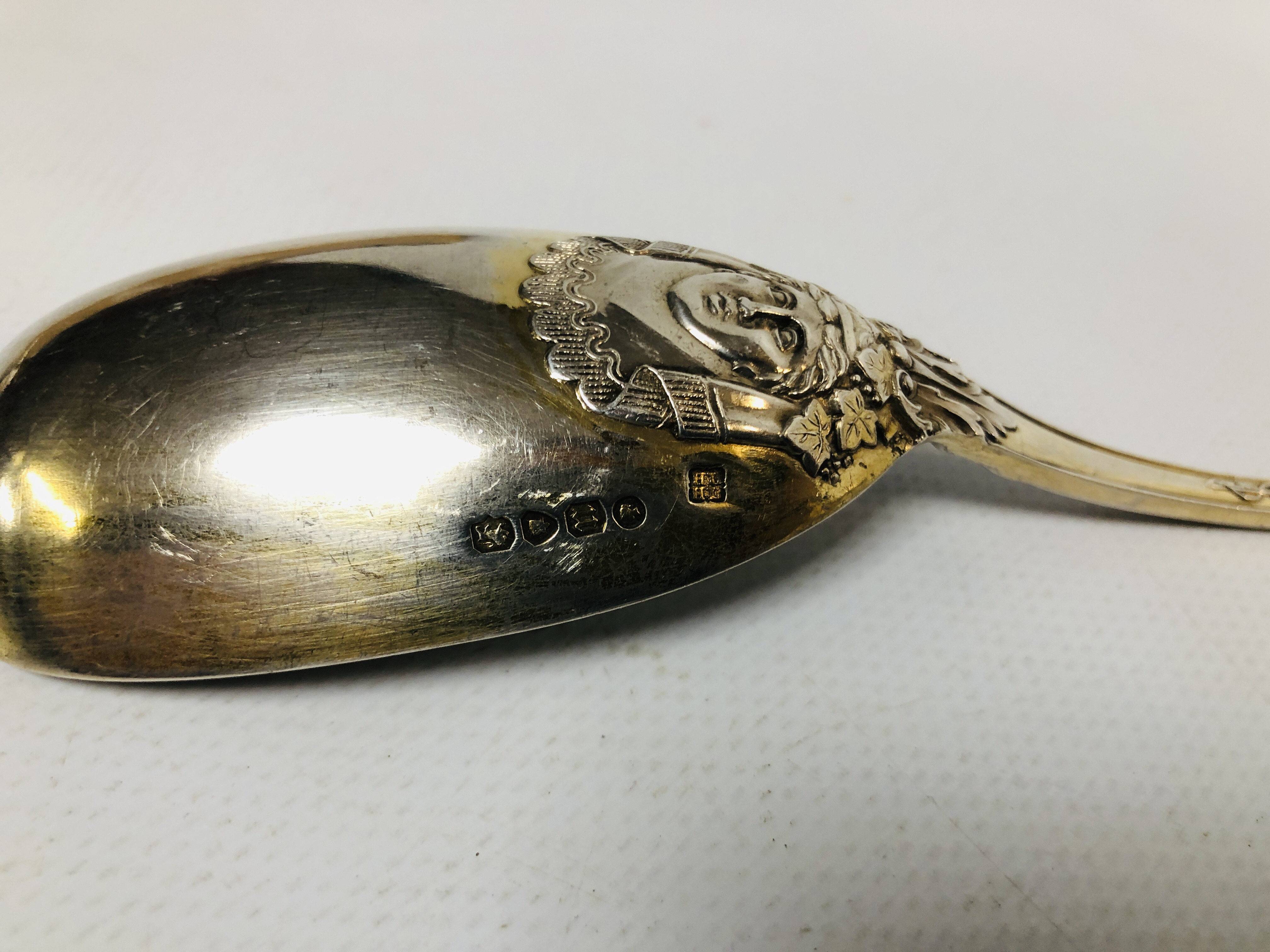 A VICTORIAN SILVER SERVING SPOON DECORATED WITH CLASSICAL FIGURES AND MYTHICAL CREATURES, - Image 6 of 9