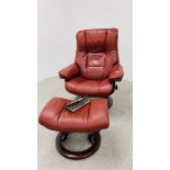 A GOOD QUALITY STRESSLESS RED LEATHER RELAXER CHAIR WITH MATCHING FOOTSTOOL.