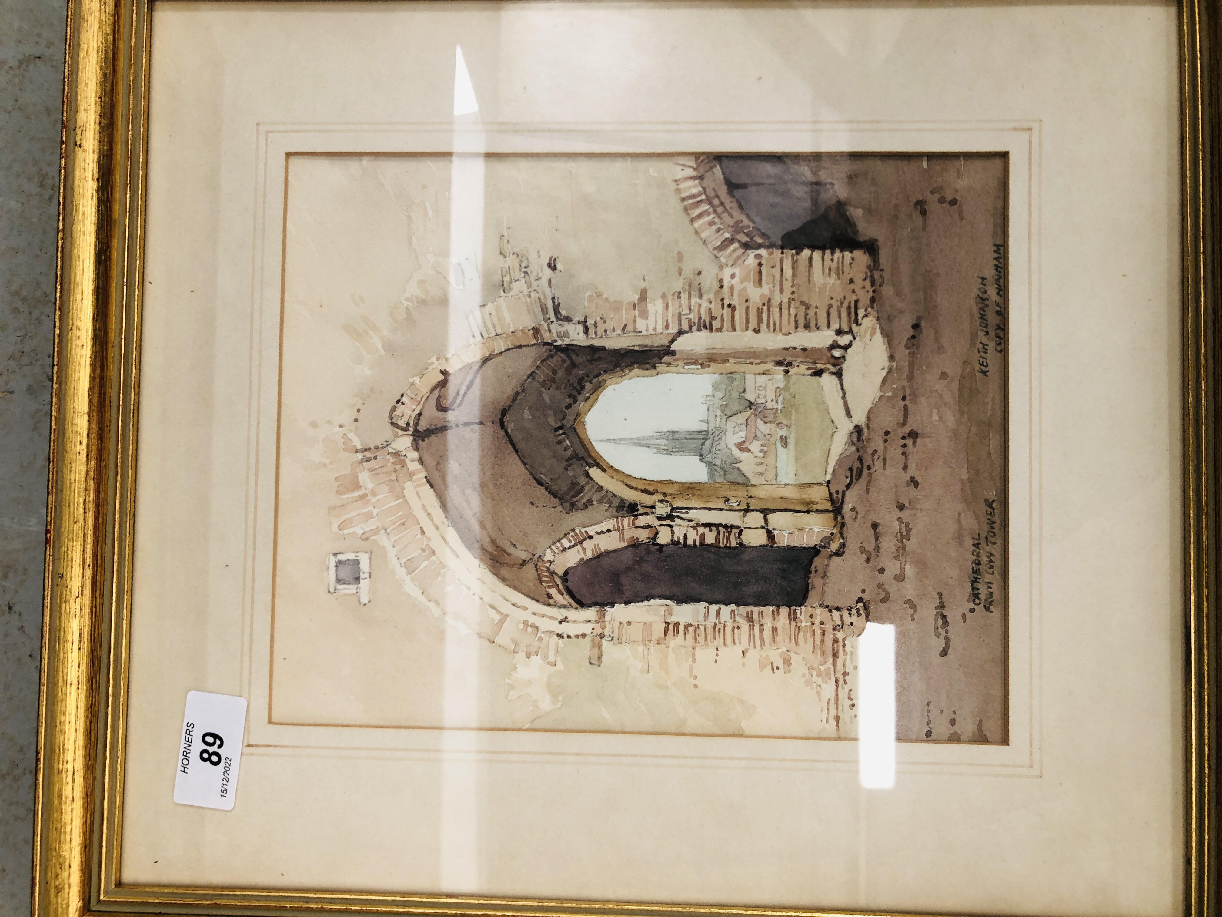 FRAMED AND MOUNTED WATERCOLOUR "CATHEDRAL FROM COW TOWER" BEARING SIGNATURE KEITH JOHNSON ALONG - Image 5 of 6