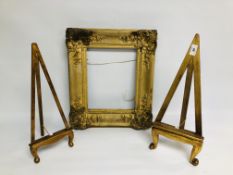 A C19th GILT PICTURE FRAME ALONG WITH TWO TABLE EASELS.