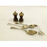 PAIR OF VINTAGE SALT AND PEPPER MILLS LONDON ASSAY PLUS A GROUP OF THREE SILVER SERVING SPOONS,