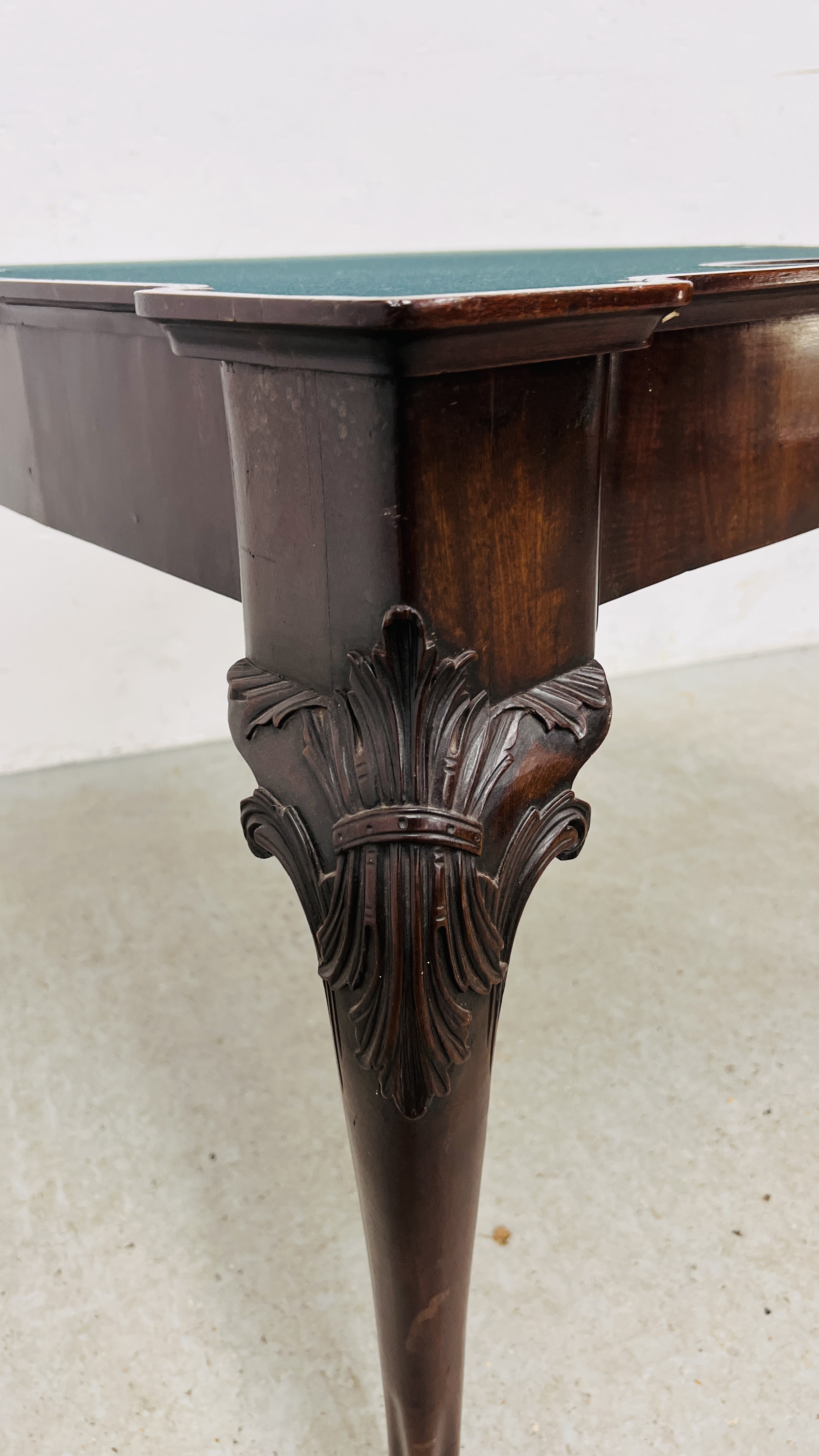 A GEORGE III MAHOGANY GAMING TABLE, THE TOP WITH GUINEA WELLS AND CANDLE CORNERS, - Image 5 of 22