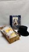 BOX OF COLLECTIBLES TO INCLUDE A VINTAGE GENTS TOP HAT "SCOTT & CO LONDON SILK SCARF AND NECK TIE,