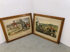 TWO MAPLE FRAMED JOHN LEECH COLOURED HUNTING PRINTS "A FROLIC HOME AFTER A BLANK DAY" AND "A