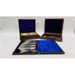 A CASED SET OF PLATED TEA KNIVES AND FORKS WITH MOTHER OF PEARL HANDLES,