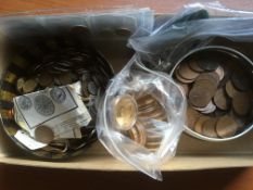 BOX OF MIXED COINS, PENNIES, OVERSEAS WITH IRAN, ROYALTY COMMEMORATIVE ETC.