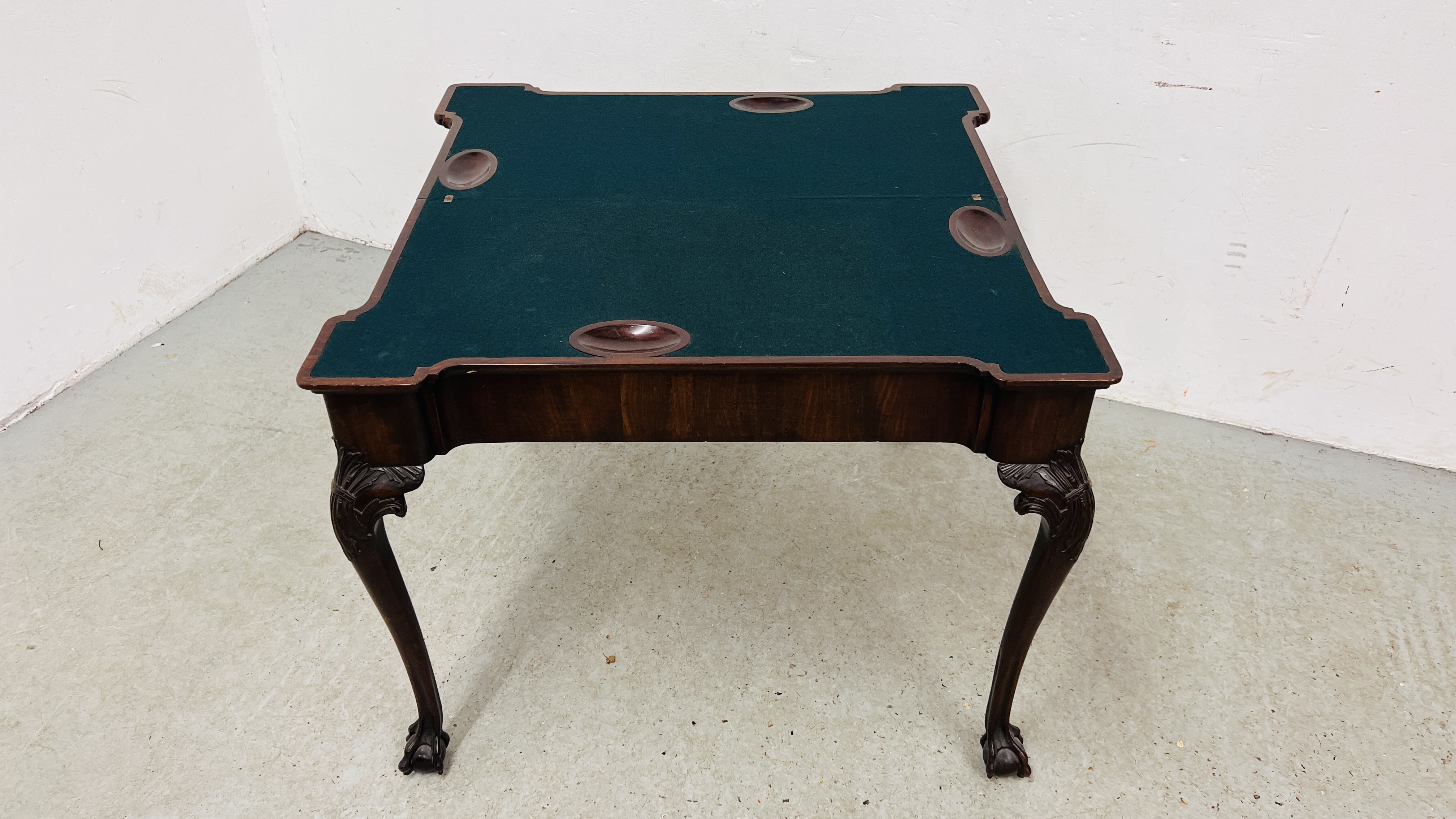 A GEORGE III MAHOGANY GAMING TABLE, THE TOP WITH GUINEA WELLS AND CANDLE CORNERS, - Image 2 of 22