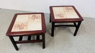 A PAIR OF RETRO SQUARE TILE TOP COFFEE TABLES WITH SLATTED SHELF BELOW