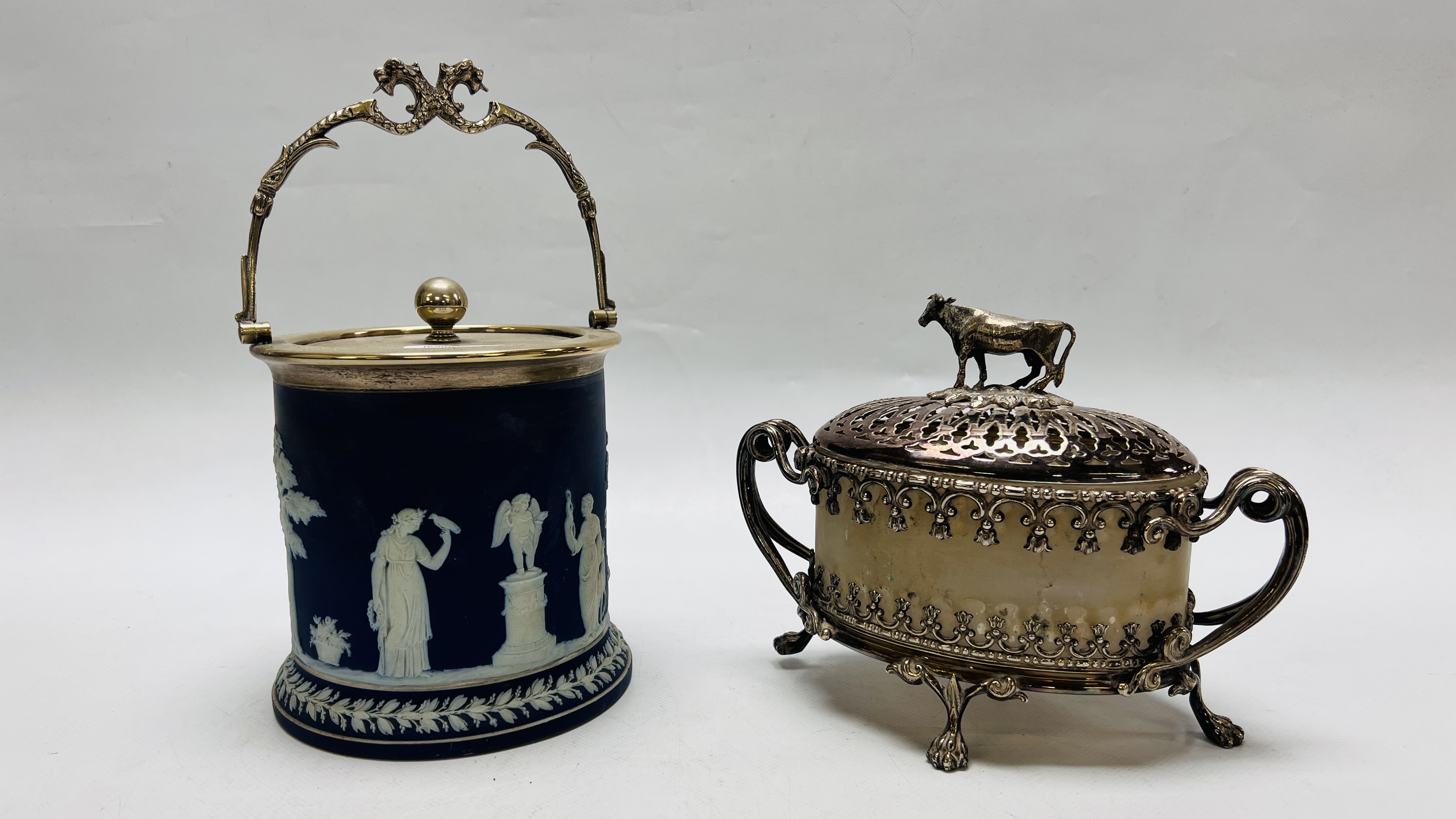 VINTAGE WEDGWOOD BLUE JASPER WARE BISCUIT BARREL WITH DECORATIVE PLATED LID AND HANDLE H 14.