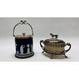 VINTAGE WEDGWOOD BLUE JASPER WARE BISCUIT BARREL WITH DECORATIVE PLATED LID AND HANDLE H 14.