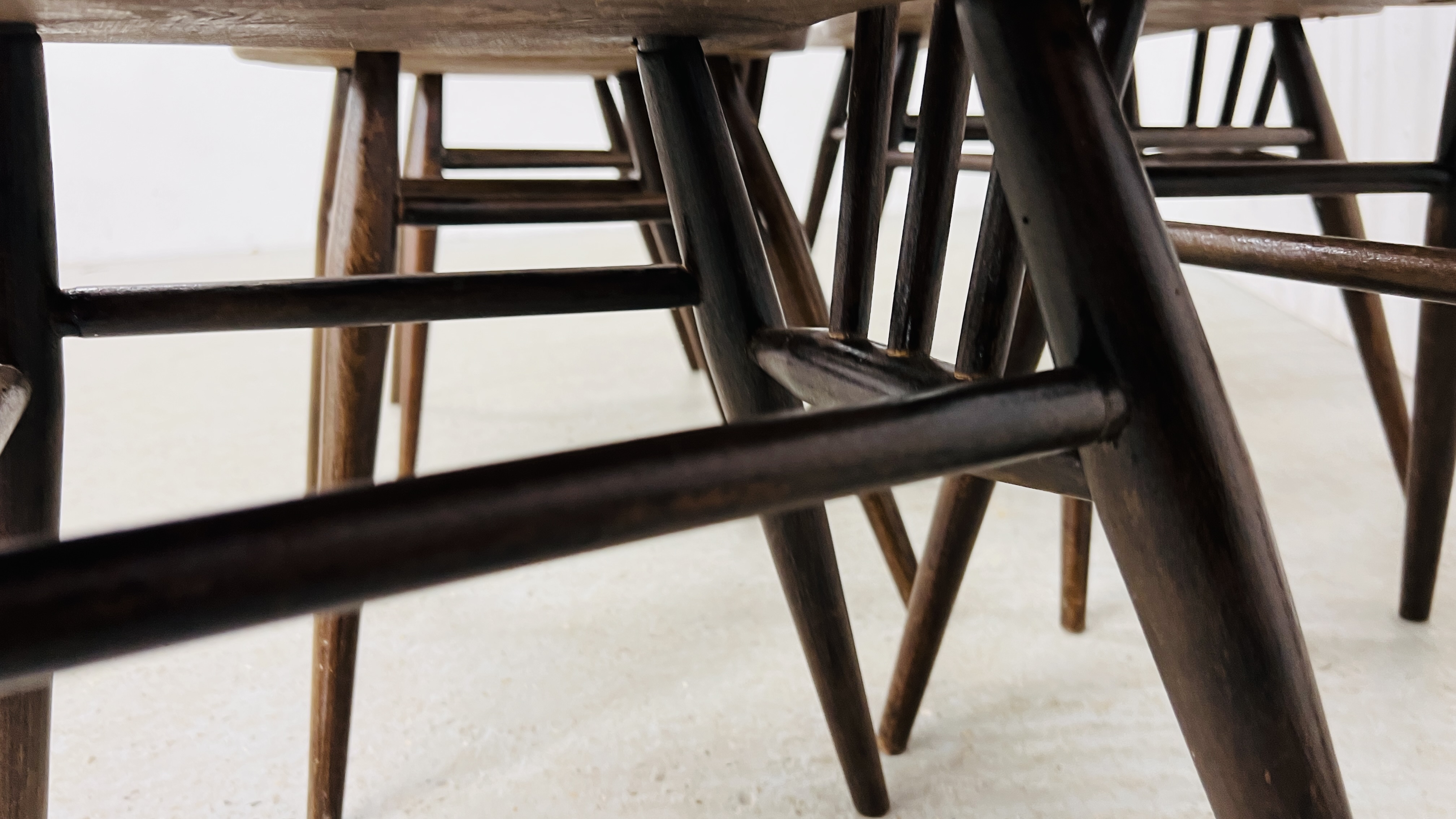 A SET OF SIX DARK ERCOL STICK BACK DINING CHAIRS, 1 A/F. - Image 15 of 17