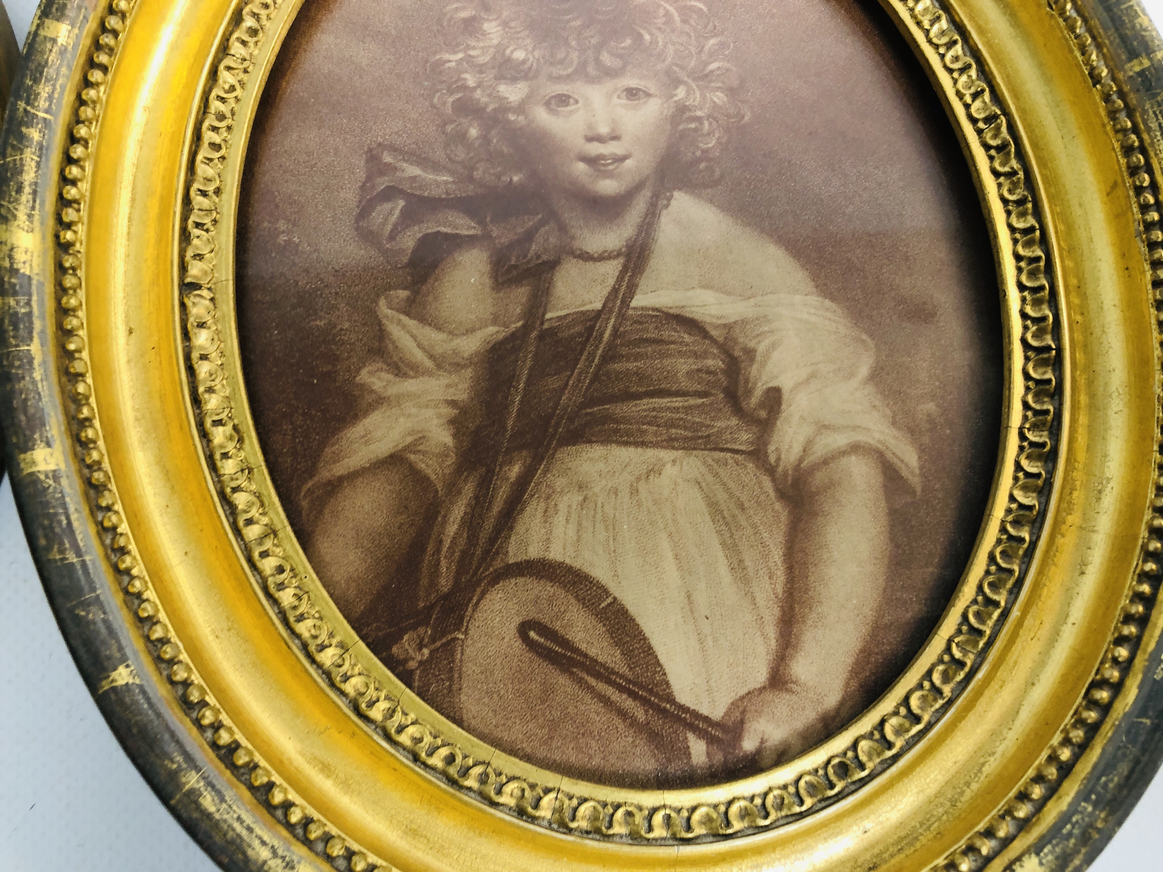 A PAIR OF C18th SEPIA PRINTS, A LADY AND A CHILD WITH A DRUM IN OVAL FRAMES, HEIGHT 25.5CM. - Image 7 of 8