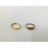 22CT GOLD WEDDING BAND (MISSHAPED) ALONG WITH A "MIZPAH" RING MARKED 9CT (WORN CONDITION).