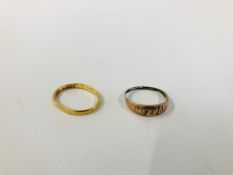 22CT GOLD WEDDING BAND (MISSHAPED) ALONG WITH A "MIZPAH" RING MARKED 9CT (WORN CONDITION).