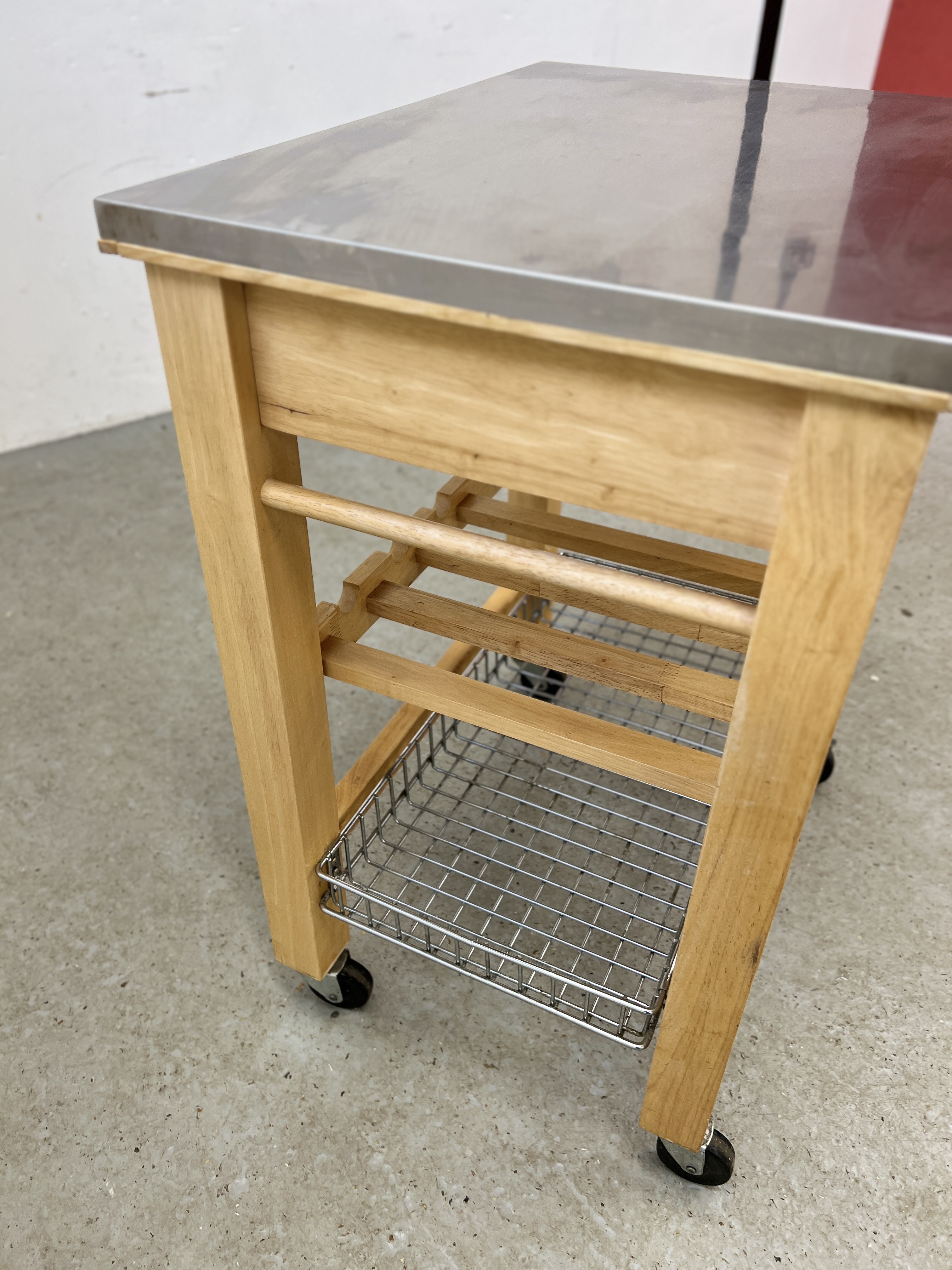 A SOLID BEECHWOOD CHEFS WORKSTATION WITH STAINLESS STEEL TOP WIDTH 70CM. DEPTH 50CM. - Image 9 of 9