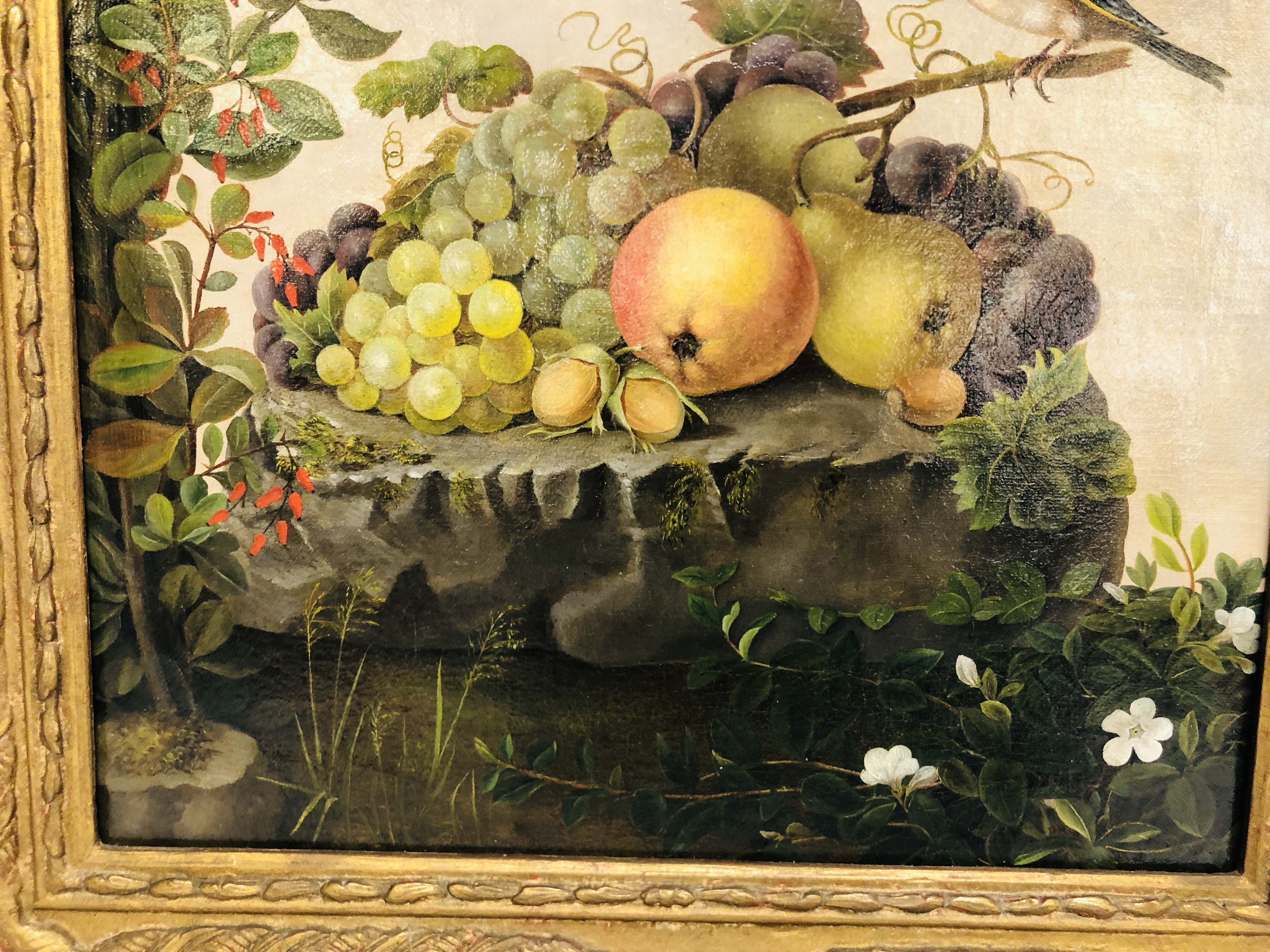 ENGLISH SCHOOL CIRCA 1900 "STILL LIFE WITH FRUIT AND FINCH", OIL ON CANVAS 36 X 35CM. - Image 3 of 6