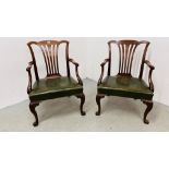 A PAIR OF GEORGE II MAHOGANY OPEN ARM CHAIRS ON CABRIOLE LEGS,