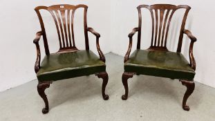 A PAIR OF GEORGE II MAHOGANY OPEN ARM CHAIRS ON CABRIOLE LEGS,